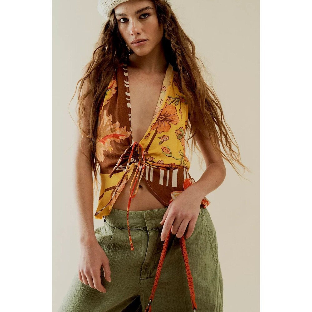 Free People Hot Tropics Tank Top XS Floral Print Halter Yellow Boho Chic Y2K New